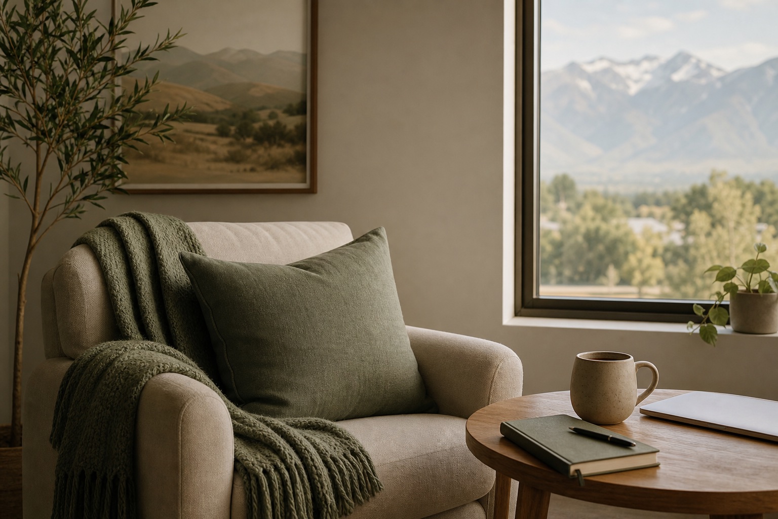 A quiet therapy room with a chair, notebook, and mountain view