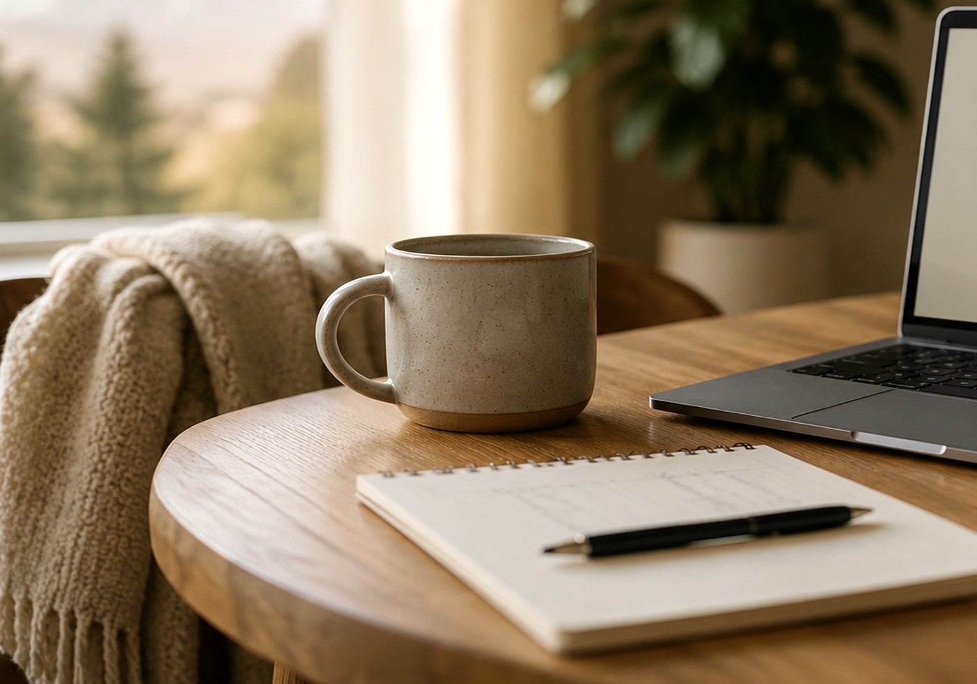 Warm home workspace with a mug, notebook, and soft natural light